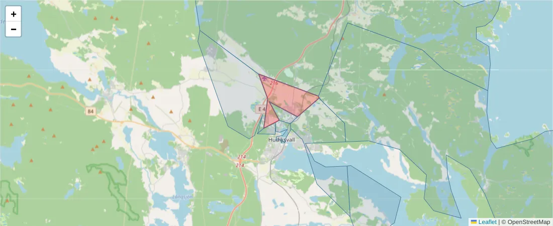 Karta över postnummerområdet  och angränsande postnummer i Sverige
