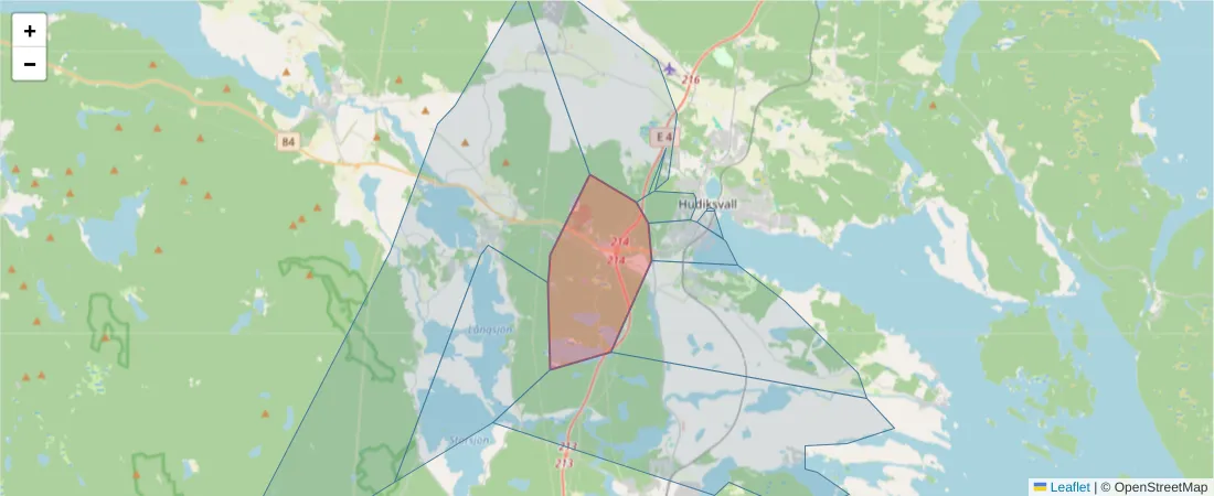 Karta över postnummerområdet  och angränsande postnummer i Sverige