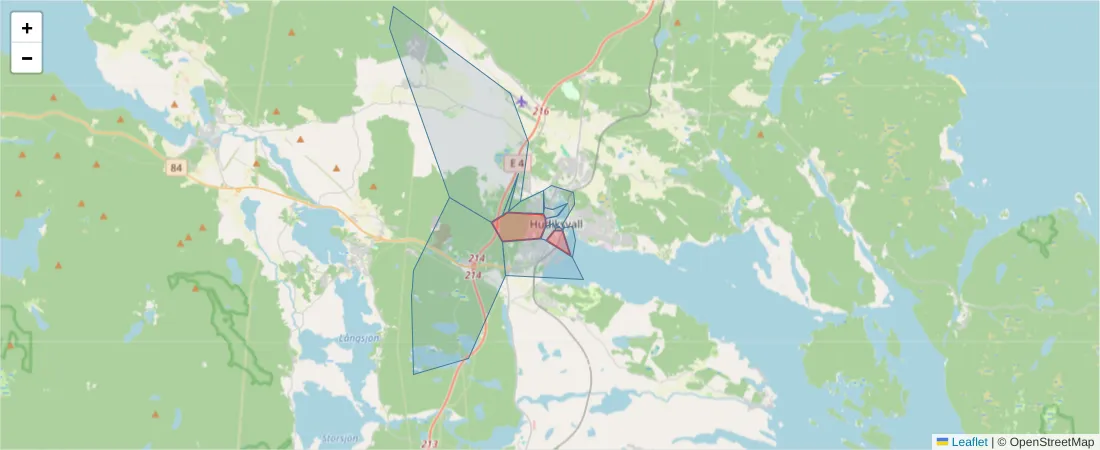 Karta över postnummerområdet  och angränsande postnummer i Sverige