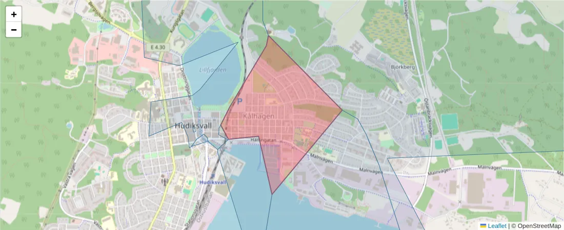 Karta över postnummerområdet  och angränsande postnummer i Sverige