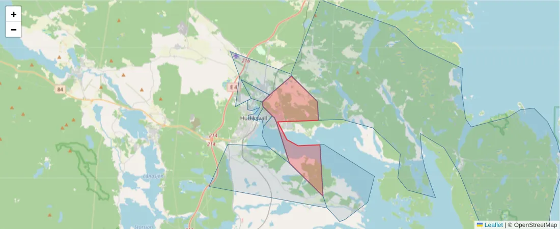 Karta över postnummerområdet  och angränsande postnummer i Sverige