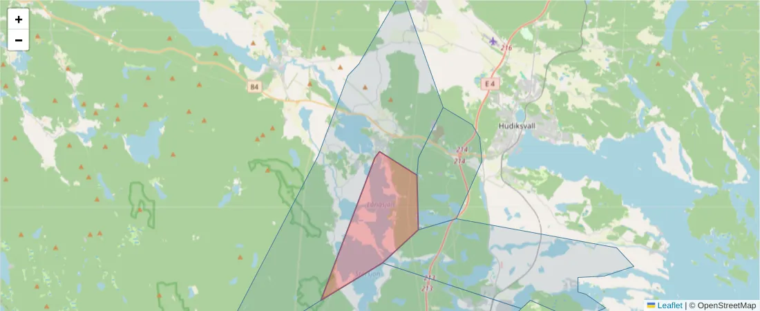 Karta över postnummerområdet  och angränsande postnummer i Sverige