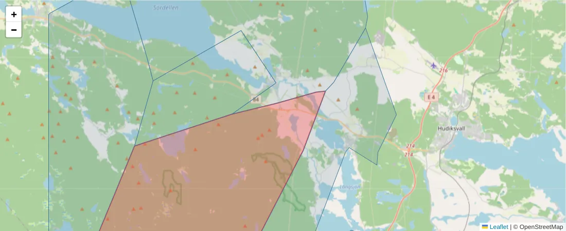 Karta över postnummerområdet  och angränsande postnummer i Sverige