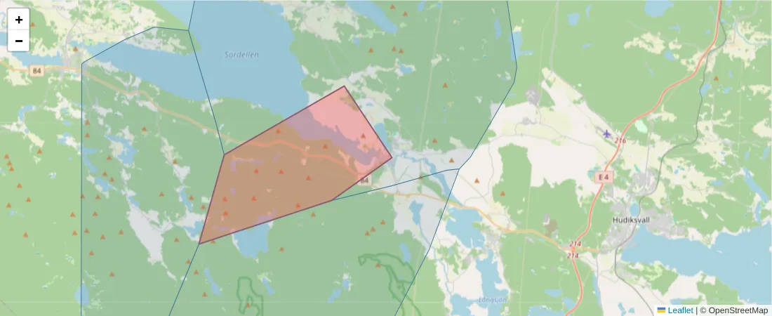 Karta över postnummerområdet  och angränsande postnummer i Sverige