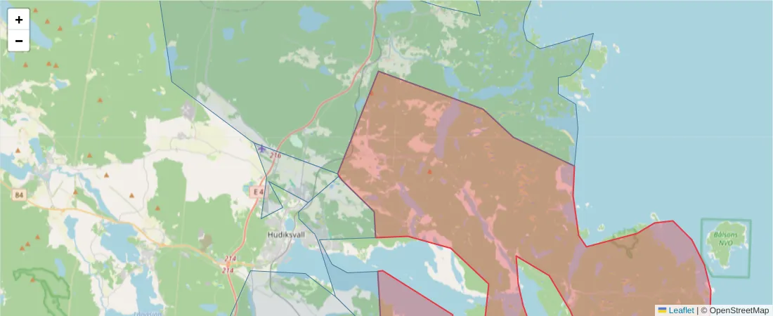 Karta över postnummerområdet  och angränsande postnummer i Sverige