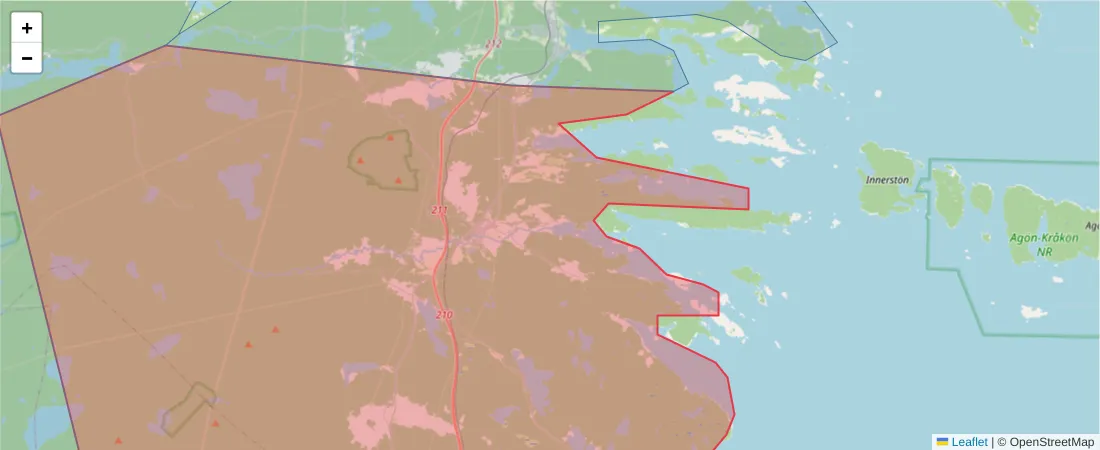 Karta över postnummerområdet  och angränsande postnummer i Sverige