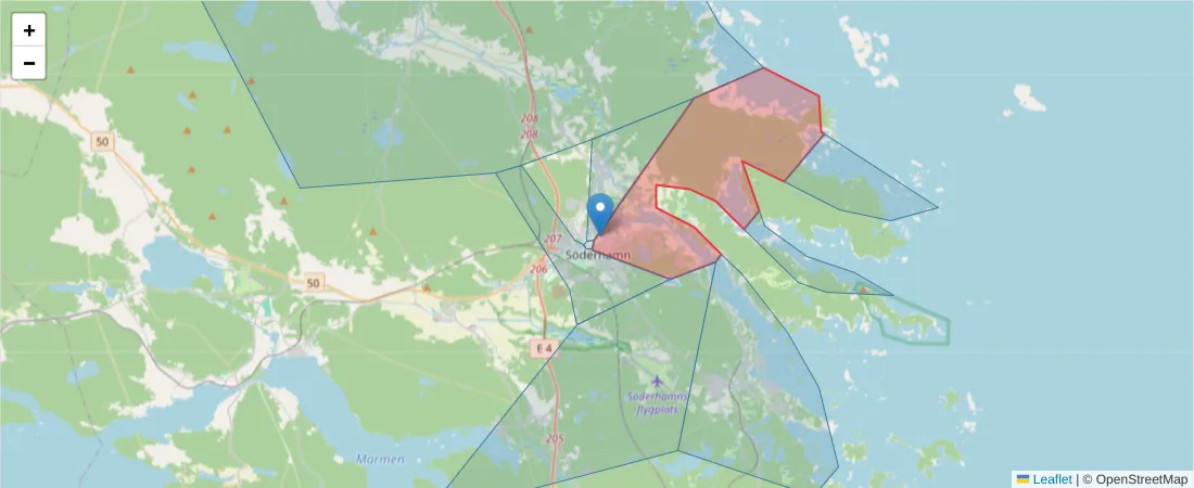 Karta över postnummerområdet  och angränsande postnummer i Sverige