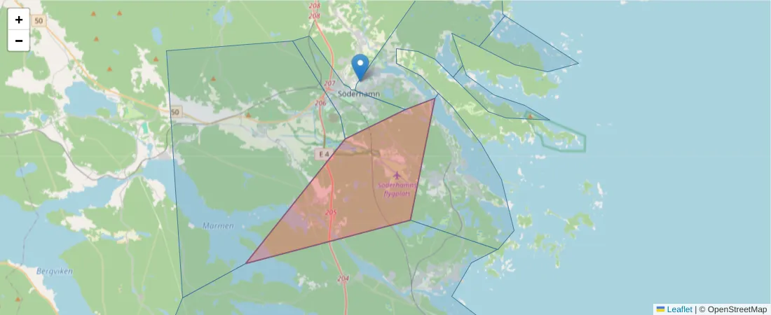 Karta över postnummerområdet  och angränsande postnummer i Sverige