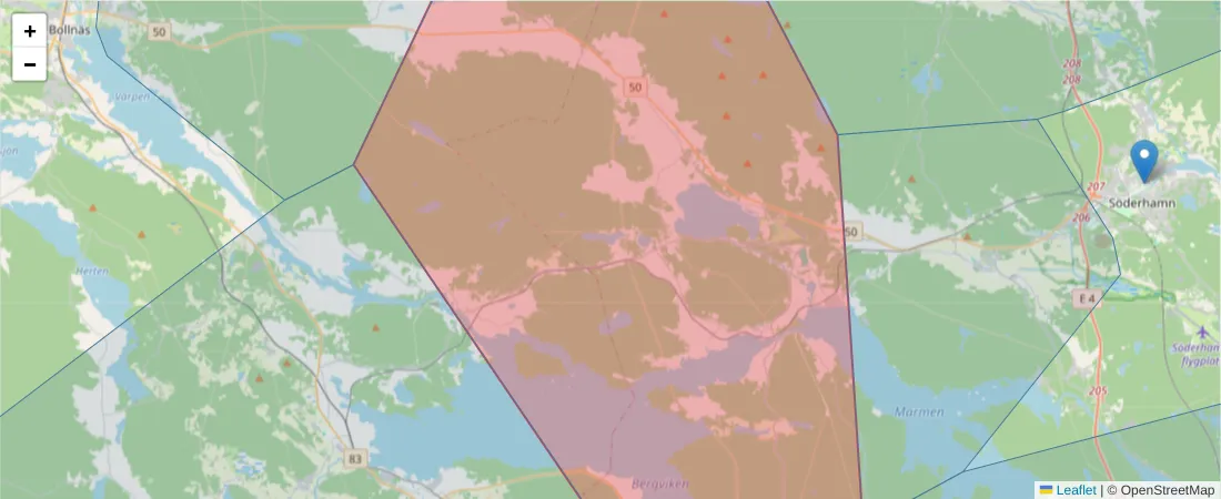 Karta över postnummerområdet  och angränsande postnummer i Sverige