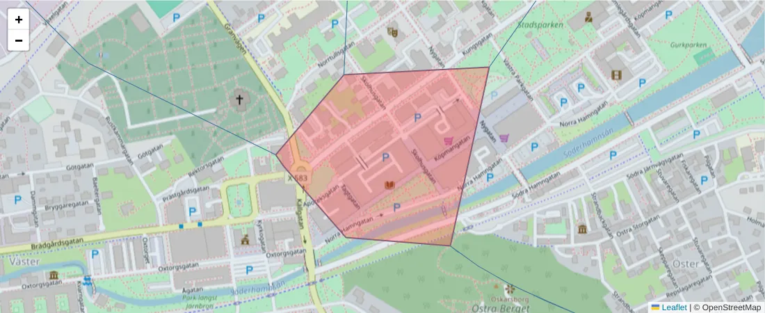 Karta över postnummerområdet  och angränsande postnummer i Sverige
