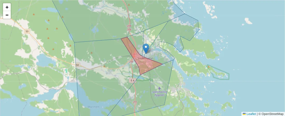 Karta över postnummerområdet  och angränsande postnummer i Sverige