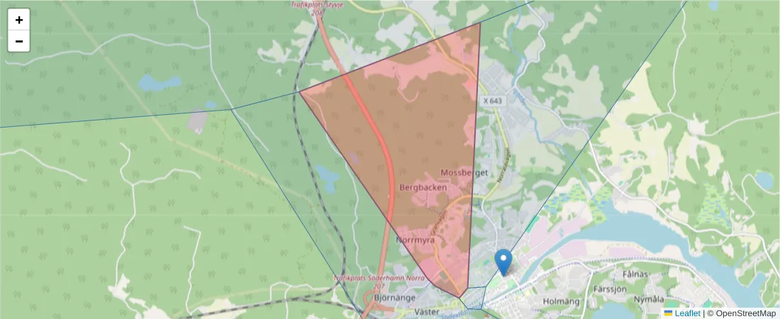 Karta över postnummerområdet  och angränsande postnummer i Sverige