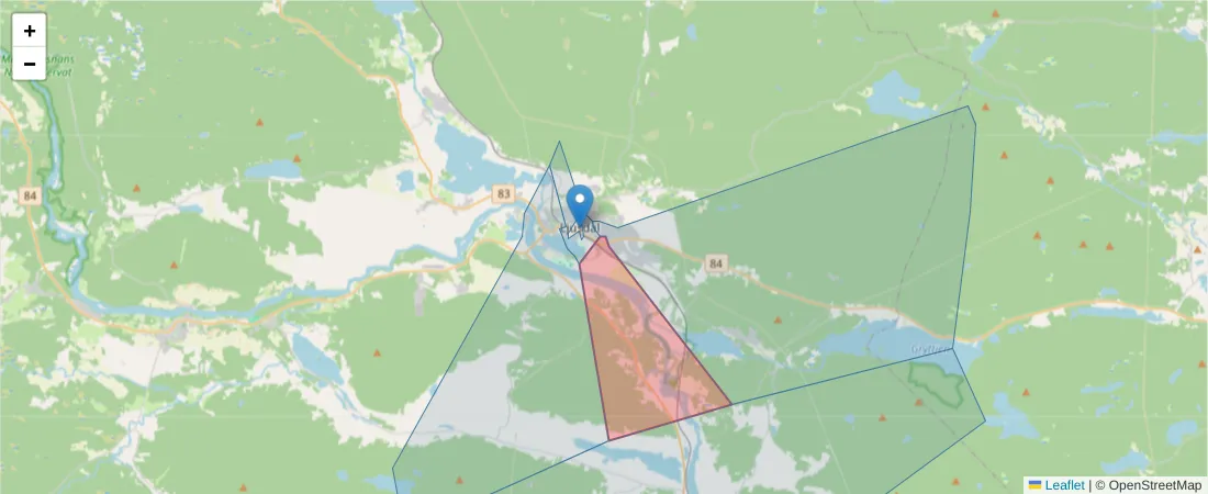 Karta över postnummerområdet  och angränsande postnummer i Sverige