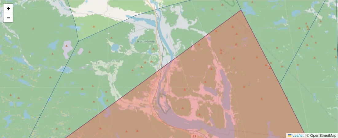 Karta över postnummerområdet  och angränsande postnummer i Sverige