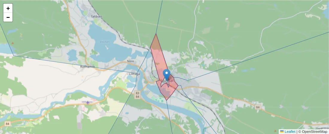 Karta över postnummerområdet  och angränsande postnummer i Sverige
