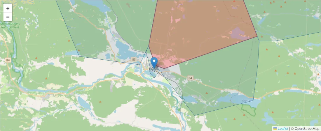 Karta över postnummerområdet  och angränsande postnummer i Sverige