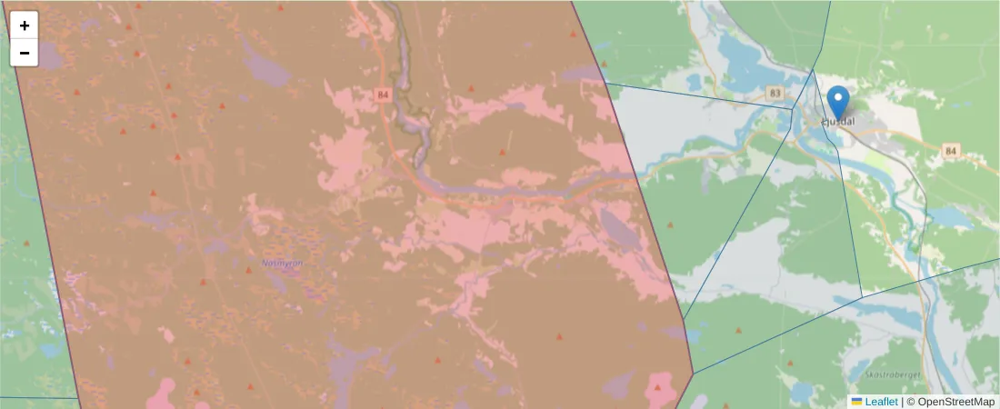 Karta över postnummerområdet  och angränsande postnummer i Sverige