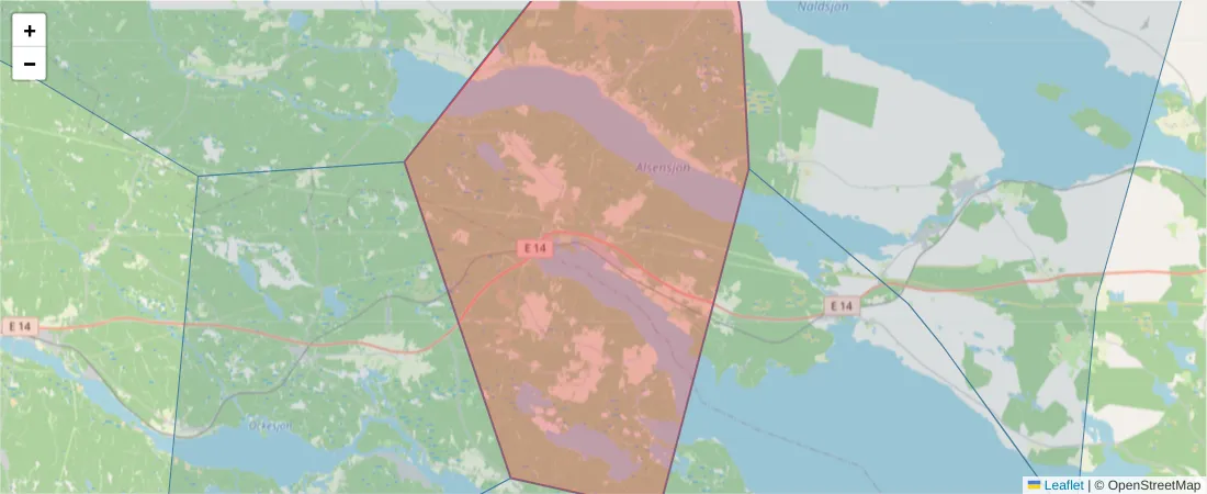 Karta över postnummerområdet  och angränsande postnummer i Sverige