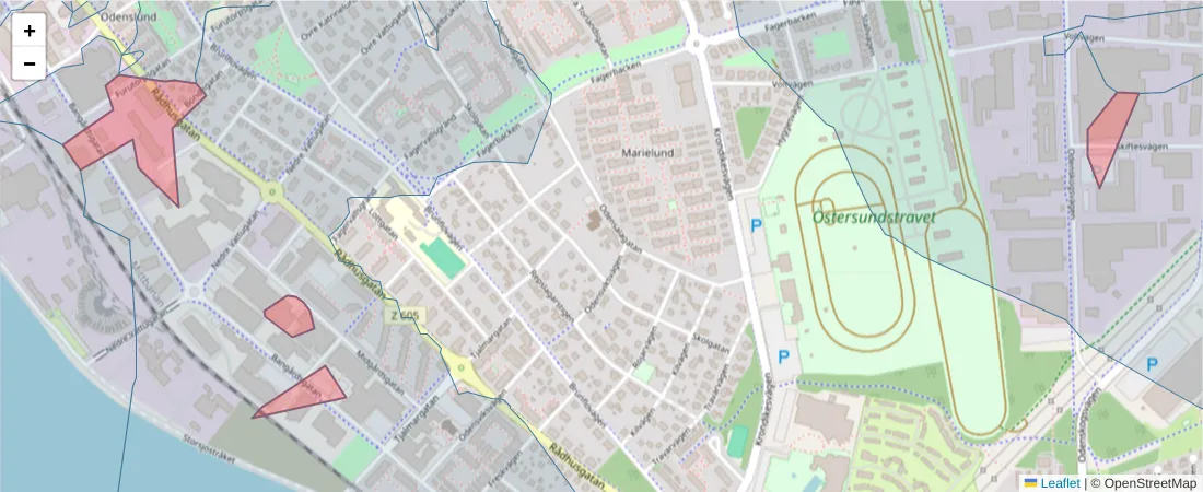 Karta över postnummerområdet  och angränsande postnummer i Sverige