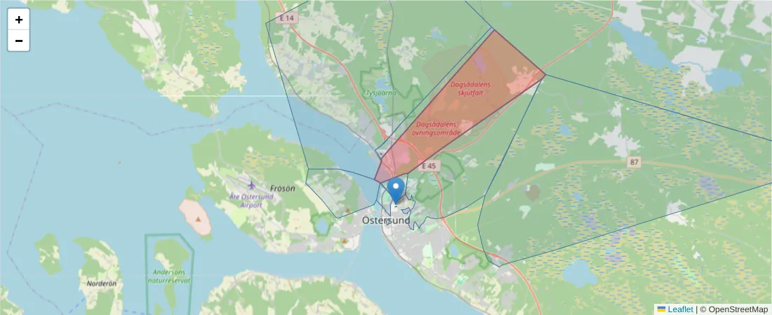 Karta över postnummerområdet  och angränsande postnummer i Sverige