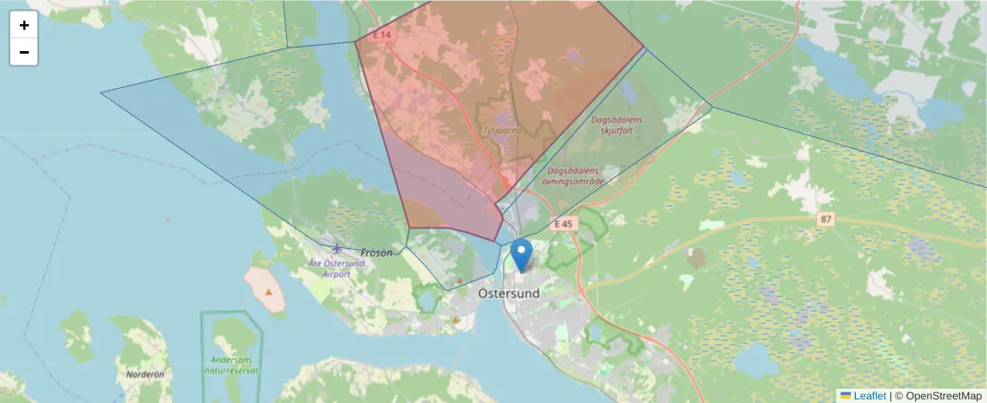 Karta över postnummerområdet  och angränsande postnummer i Sverige