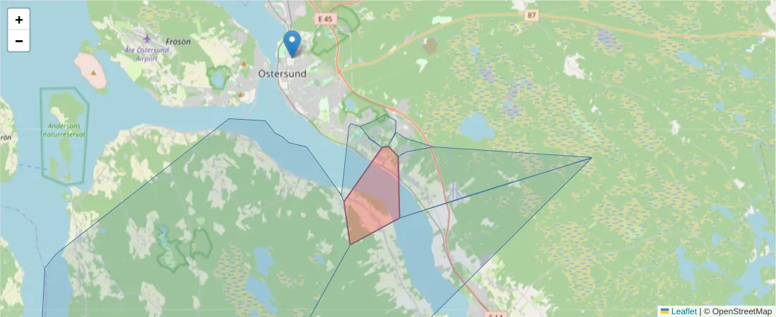 Karta över postnummerområdet  och angränsande postnummer i Sverige