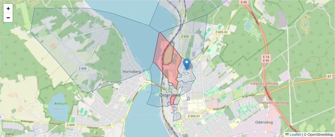 Karta över postnummerområdet  och angränsande postnummer i Sverige