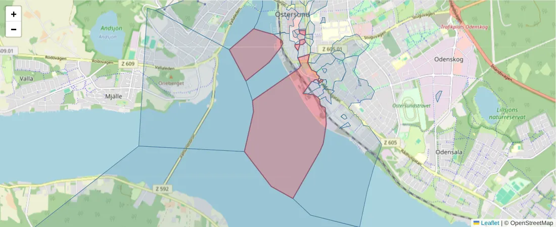 Karta över postnummerområdet  och angränsande postnummer i Sverige