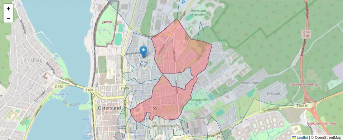 Karta över postnummerområdet  och angränsande postnummer i Sverige