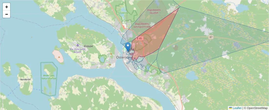Karta över postnummerområdet  och angränsande postnummer i Sverige