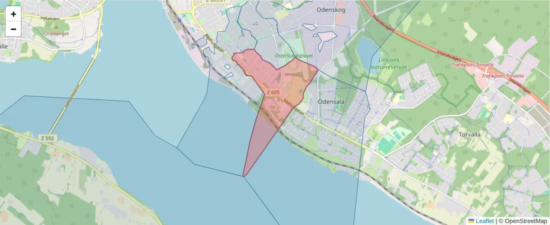 Karta över postnummerområdet  och angränsande postnummer i Sverige