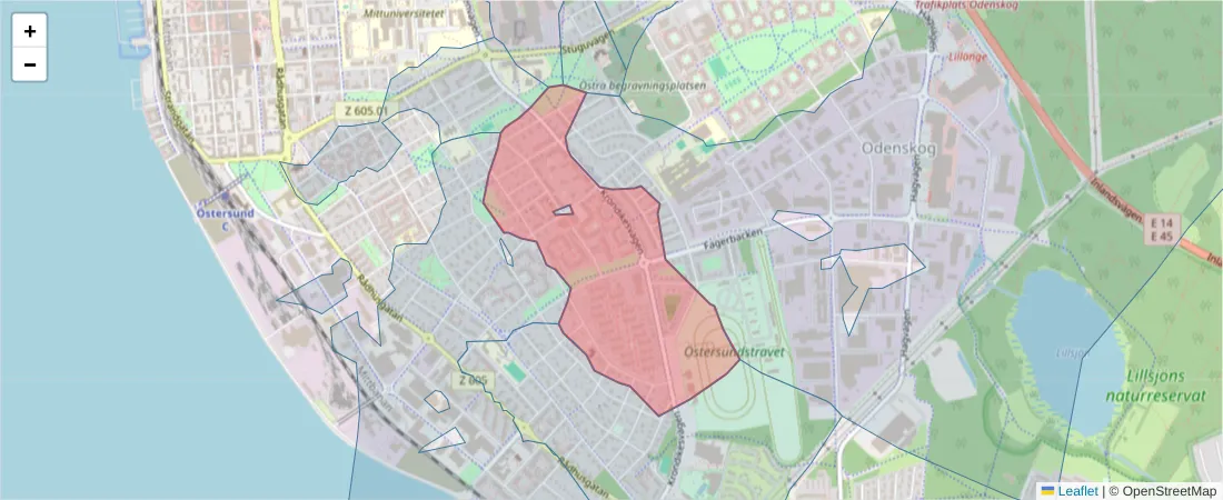 Karta över postnummerområdet  och angränsande postnummer i Sverige