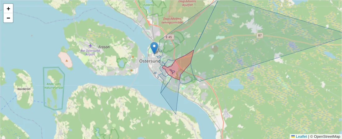 Karta över postnummerområdet  och angränsande postnummer i Sverige