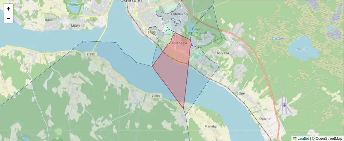 Karta över postnummerområdet  och angränsande postnummer i Sverige