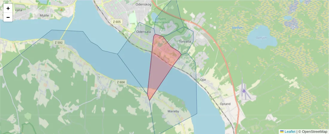 Karta över postnummerområdet  och angränsande postnummer i Sverige