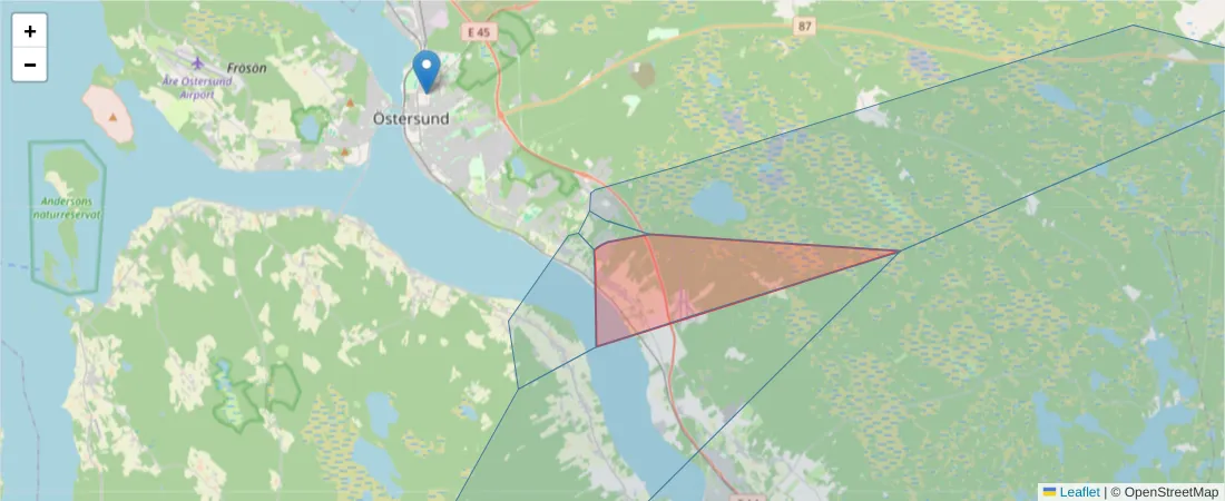 Karta över postnummerområdet  och angränsande postnummer i Sverige