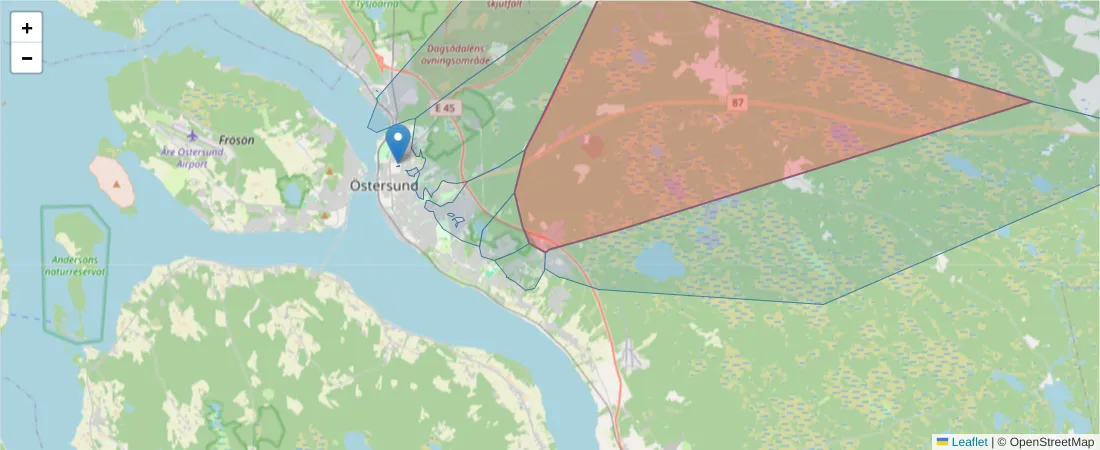 Karta över postnummerområdet  och angränsande postnummer i Sverige