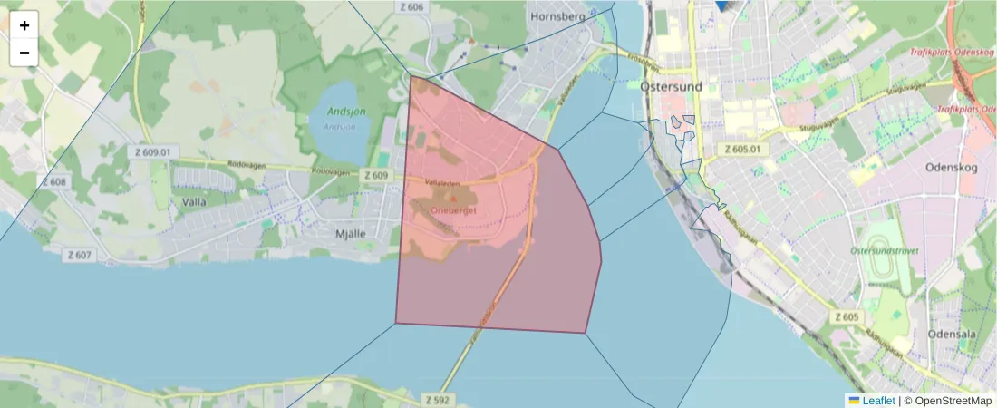 Karta över postnummerområdet  och angränsande postnummer i Sverige