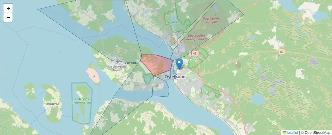 Karta över postnummerområdet  och angränsande postnummer i Sverige