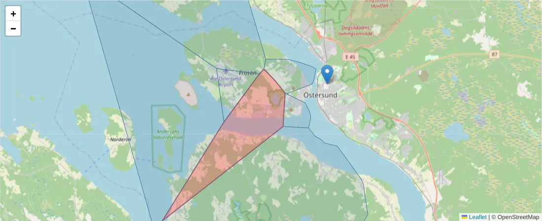 Karta över postnummerområdet  och angränsande postnummer i Sverige