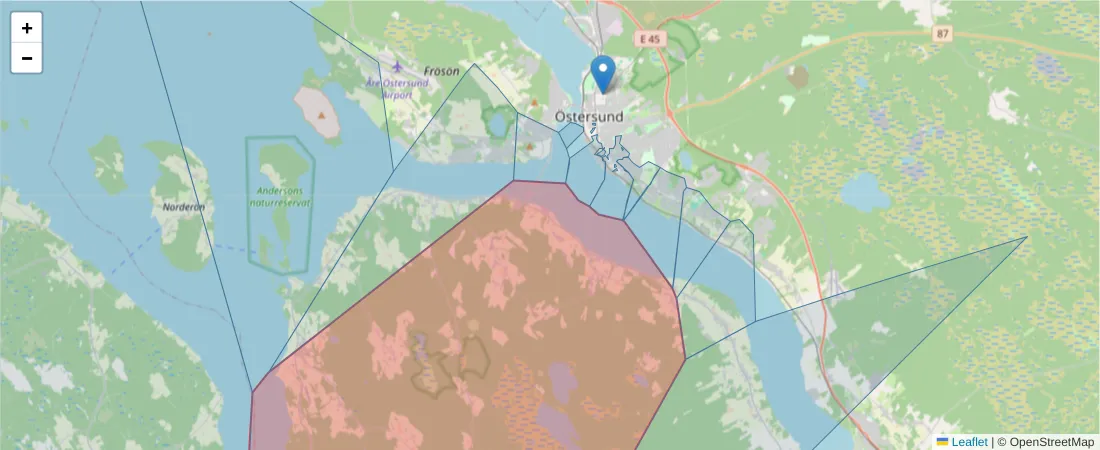 Karta över postnummerområdet  och angränsande postnummer i Sverige