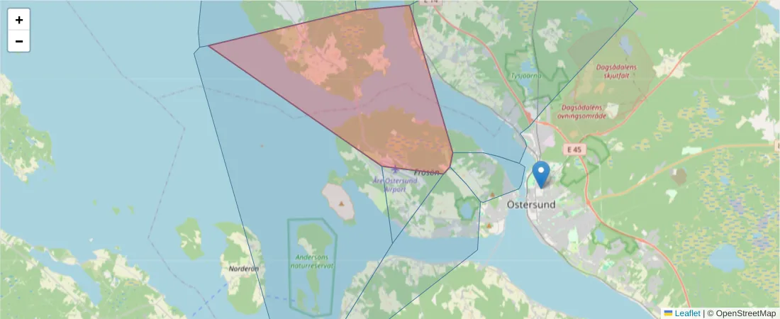 Karta över postnummerområdet  och angränsande postnummer i Sverige
