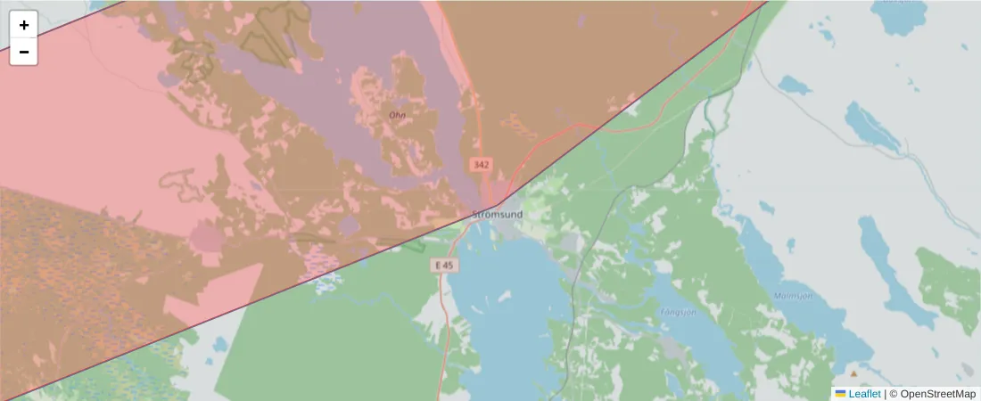 Karta över postnummerområdet  och angränsande postnummer i Sverige