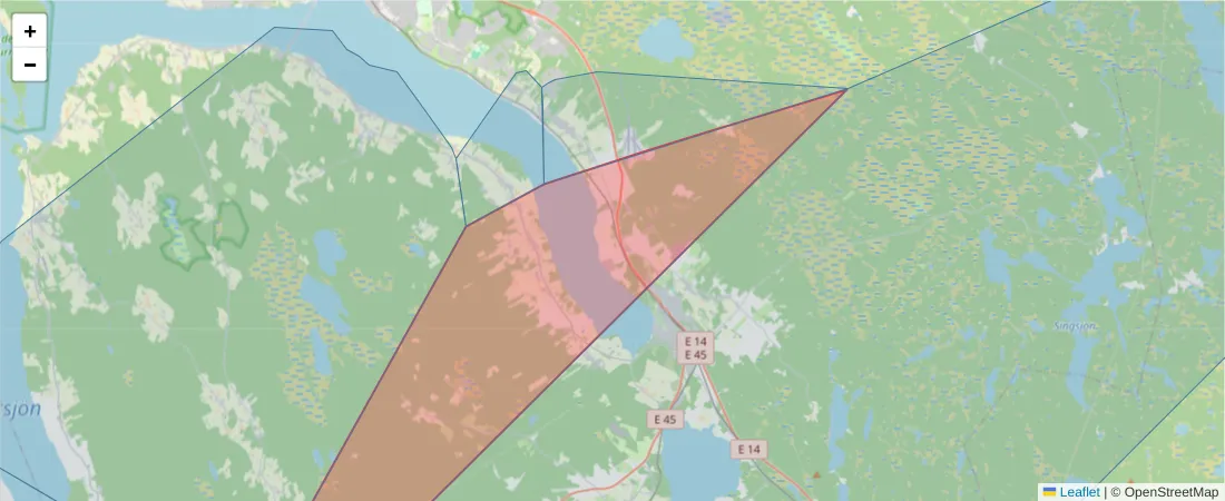 Karta över postnummerområdet  och angränsande postnummer i Sverige