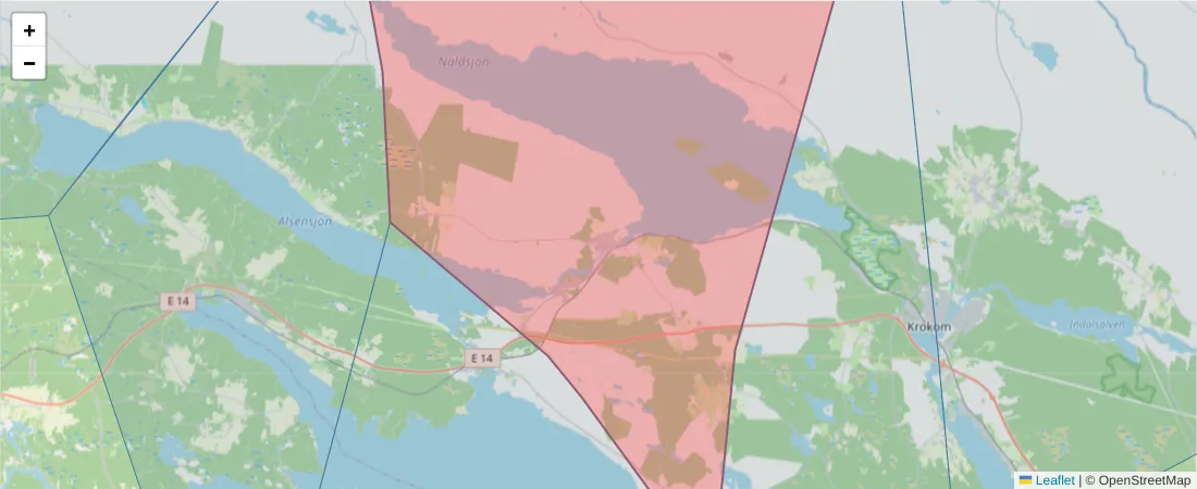 Karta över postnummerområdet  och angränsande postnummer i Sverige