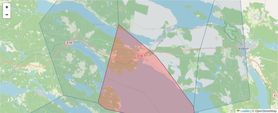 Karta över postnummerområdet  och angränsande postnummer i Sverige