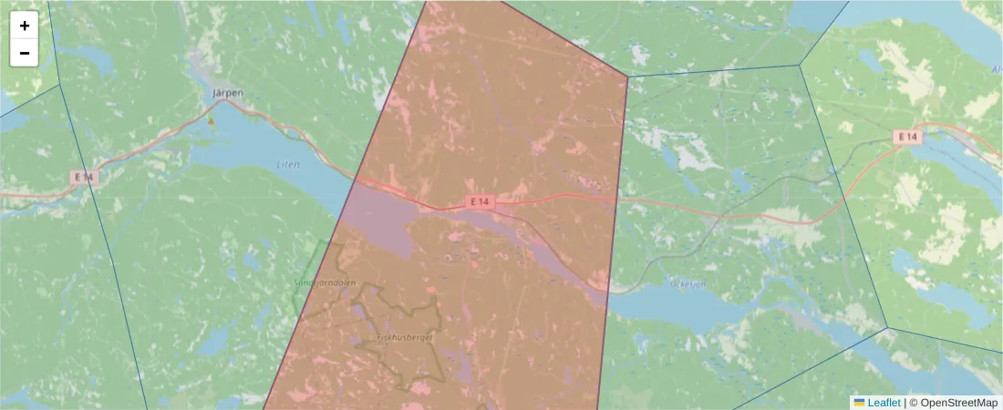 Karta över postnummerområdet  och angränsande postnummer i Sverige