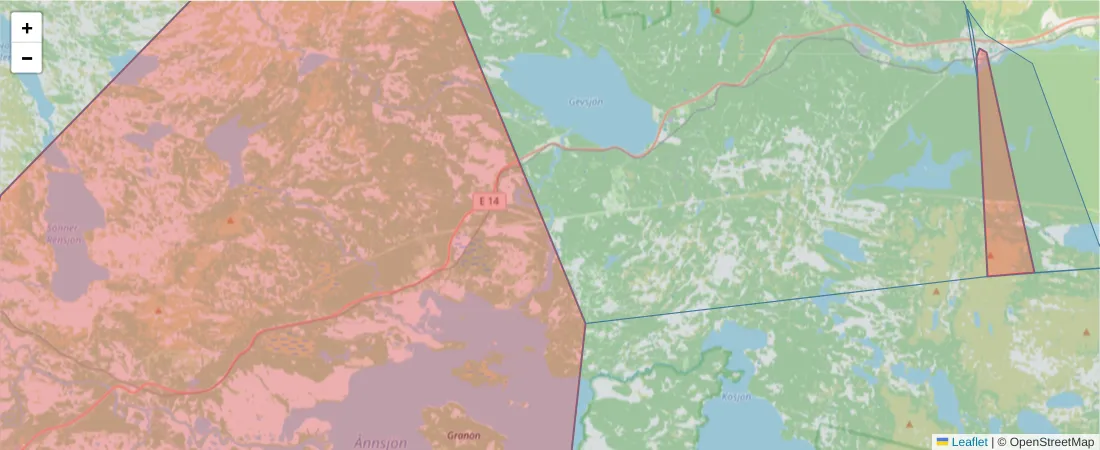 Karta över postnummerområdet  och angränsande postnummer i Sverige