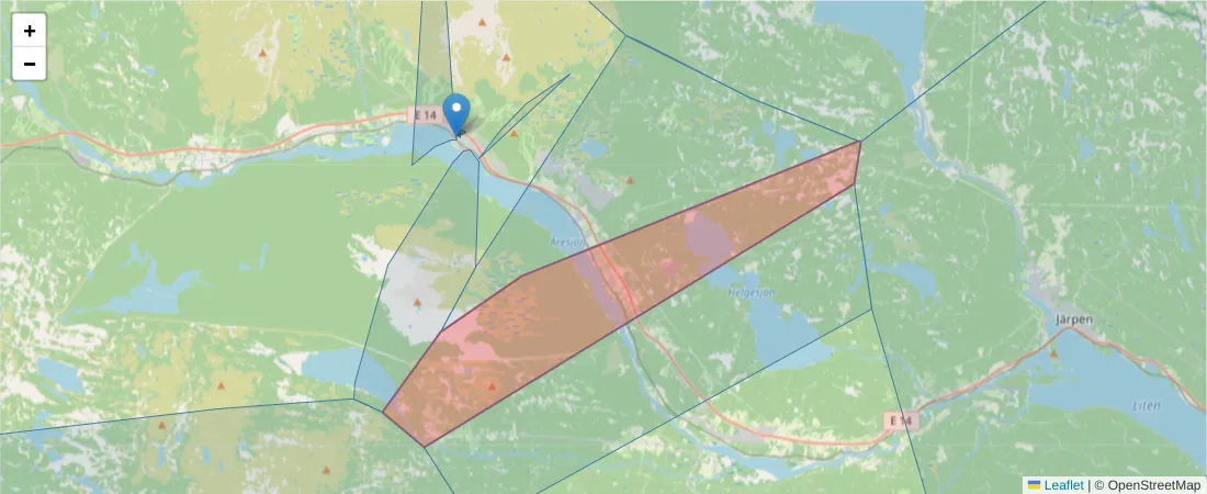 Karta över postnummerområdet  och angränsande postnummer i Sverige