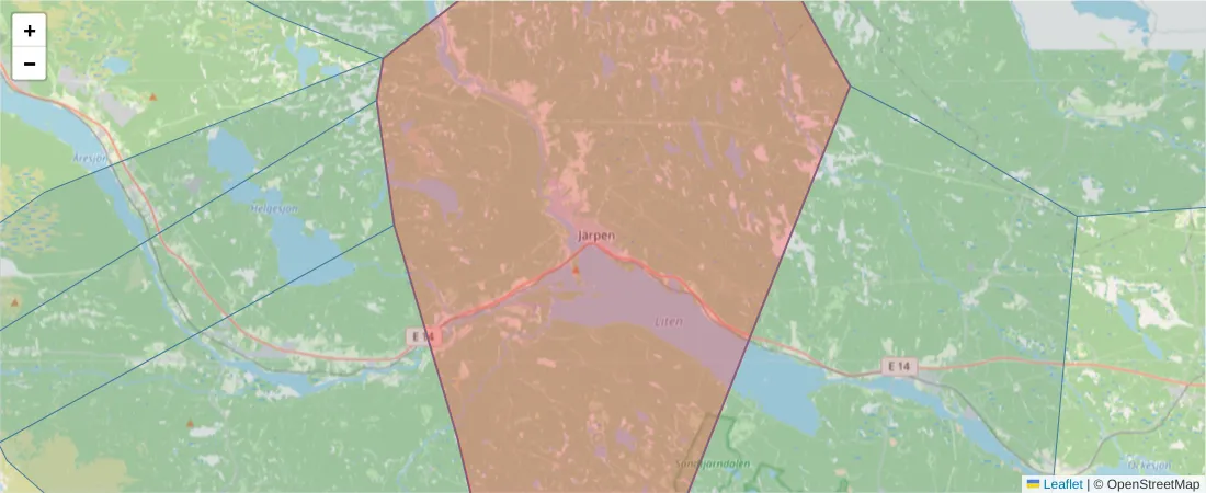Karta över postnummerområdet  och angränsande postnummer i Sverige